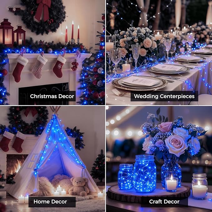 litogo 24 Pack 7FT 20 LED Fairy Lights Battery Operated, 3 Lighting Modes, Bulk Mini Twinkle String Lights Waterproof Silver Wire for Weddings Mason Jars Party Christmas Decorations-Blue