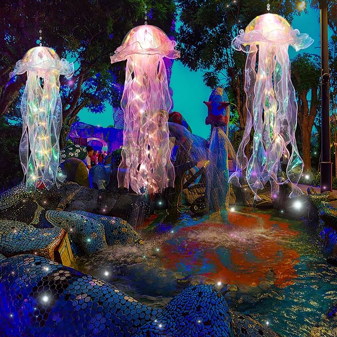 Glitter Iridescent Jellyfish Hanging Decor Blue Purple Jellyfish Kit for Under The Sea Little Mermaid Party Decoration Centerpiece Hanging Jelly Fish Decor Ocean Birthday Baby Shower Party Supplies
