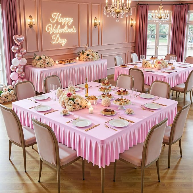 Wish Care Pink Spandex Tablecloths for 60x60 Inch Square Tables, Stretch Fitted Table Clothes with Pleated Ruffle Skirt for 60” Table, Wrinkle Free and Elastic, for Party Kitchen Home Dining