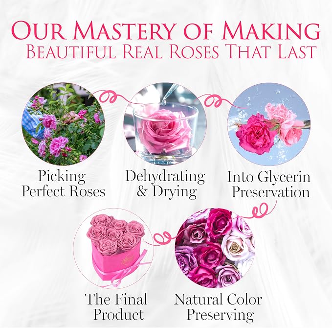 GLAMOUR BOUTIQUE 7 Flower Forever Heart Shape Box, Mothers Day Gift For Mom, Eternal Preserved Roses Gift for Her, Flowers bouquet, For Birthday, Anniversary, Girlfriend - Velvet Pink (Color-Treated)