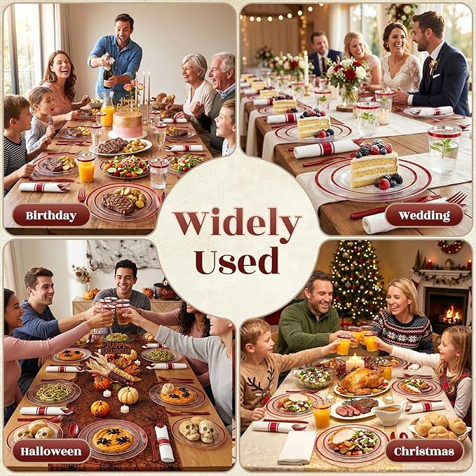 350pcs Plastic Plates for Party Clear & Red | Disposable Plastic Dinnerware Set for 50 Guests Include 100 Plastic Plates,50 Cups & 50 Pre Rolled Napkins with Cutlery Set