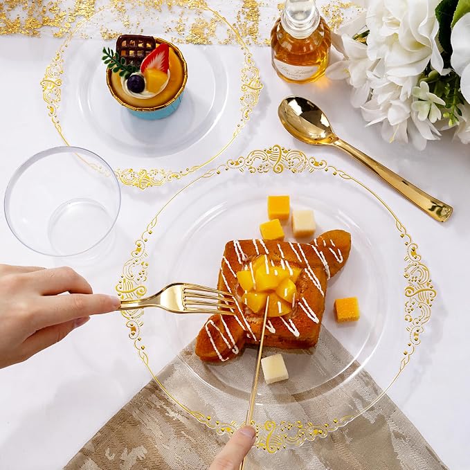 Nervure 600PCS Gold Plastic Dinnerware - Clear and Gold Disposable Plates for 100 Guests - 200 Disposable Plates, 300 Plastic Silverware, 100 Cups for Wedding & Party