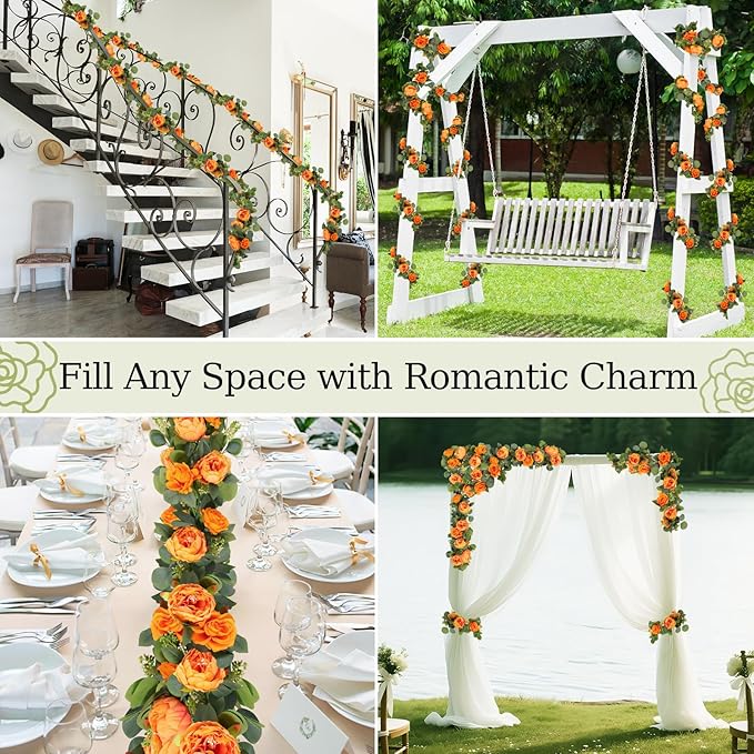 Lewondr Artificial Eucalyptus Garland with Flower - 8 Rose 8 Peony, 2Pcs 13FT Faux Floral Greenery Garlands Fake Flowers Vines, Maintenance-Free for Table Shelf Backdrop Party Room Decor, Orange