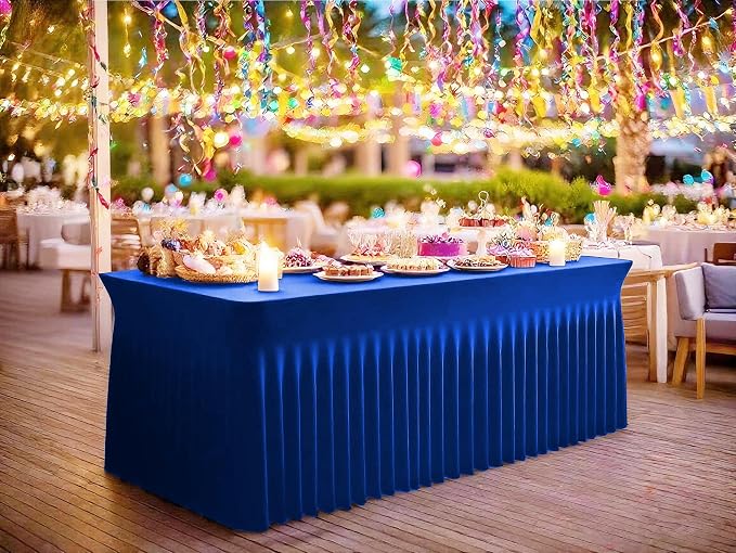 2 Packs Royal Blue Stretch Table Skirts for 8 Foot Rectangle Table, Washable Spandex Stretch Tablecloths with Skirt, Wrinkle Resistant Fitted Tablecover for Wedding Party Banquet