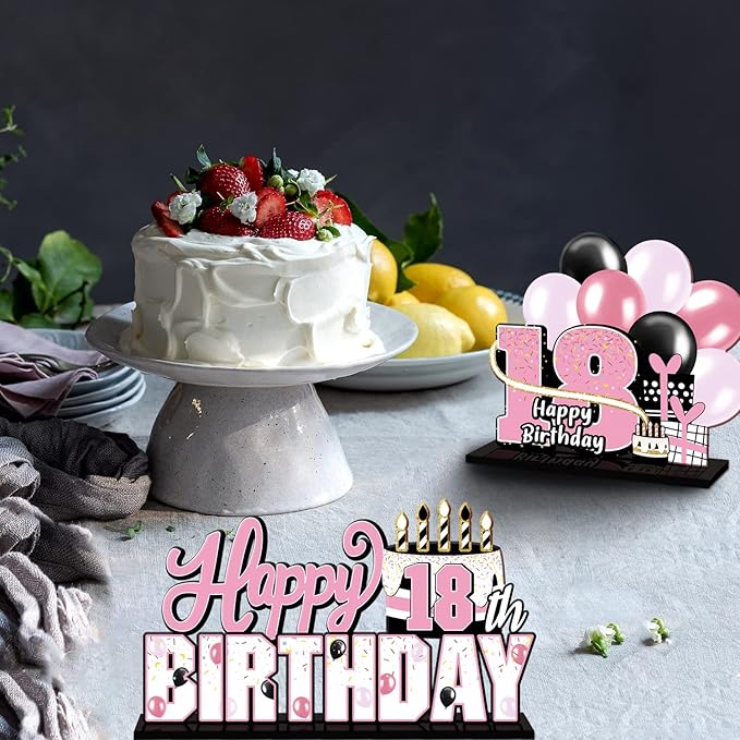 LINGTEER Happy 18th Birthday Pink Acrylic Table Topper Centerpieces Set - Cheers to 18 Years Old Birthday Eighteen Bday Party Gift Decorations.