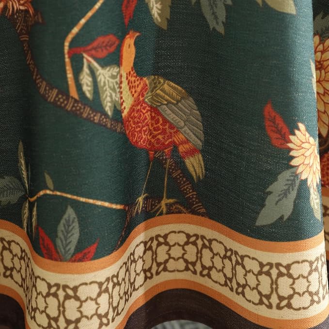 ISAENNE Designer Linen Green Round Tablecloth,Diameter 67"-Mitchell | Vintage Elegant Table Cloth for Round Table,Floral and Bird Pattern,Heavyweight,Dining Room,Kitchen,Thanksgiving,Decor