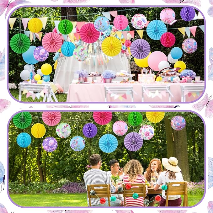 Retisee 18 Pcs Spring Tea Party Decoration Butterfly Floral Hanging Paper Lantern Pastel Honeycomb Fans Honeycomb Ball for Garden Spring Teacups Pink Purple Party Ceiling Decor Supplies