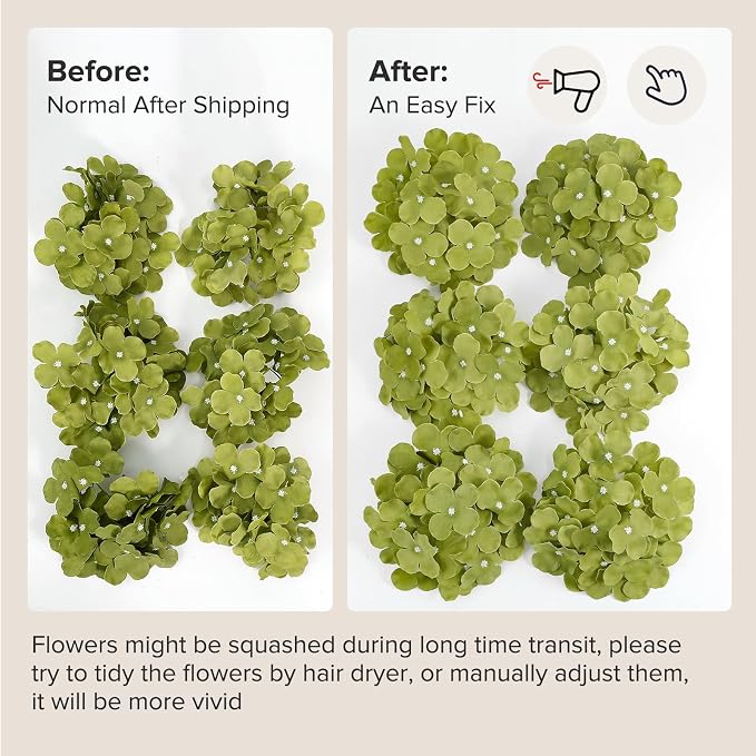 Auihiay 64Pcs Hydrangea Artificial Flowers Bulk, Faux Hydrangea Flowers Heads with Stems for Spring Wedding Garden Kitchen Counter Housewarming Home Party Decor(Mixed Green)