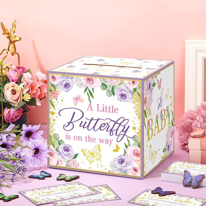 Teling 51 Pieces Diaper Raffle Tickets with Card Box Baby Shower Decorations Baby Shower Holder Box for Girl Boy Diaper Raffle Party(Butterfly Style)