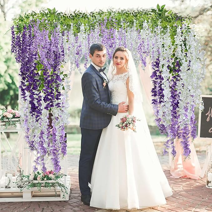 12 Pack Purple Wisteria Hanging Flowers Garland with Lights, 3.44 Feet Artificial Flower Vines, Fake Wisteria, Artificial Vines Hanging Garland for Backdrop Outdoor Patio Garden Decor