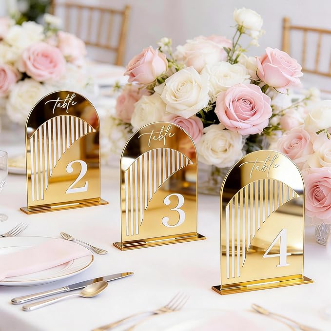 Gold Mirror Arch Wedding Table Numbers 1-10 w/Stand, Gold Mirror 5.5" x 7” Arch Acrylic Signs with Holders, Table Numbers for Wedding Reception, Centerpiece, Anniversary, Party, Event