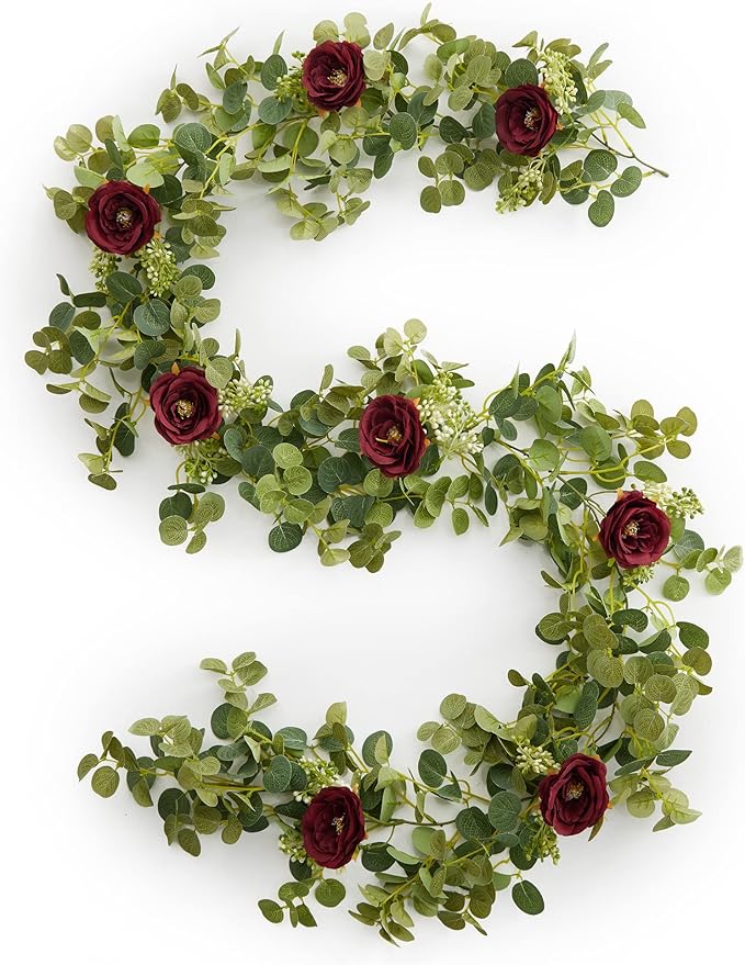 PARTY JOY 6.5 ft Eucalyptus Garland with Flowers, Floral Greenery for Party Wedding Table Indoor Outdoor Backdrop Wall Decor (Red,1)