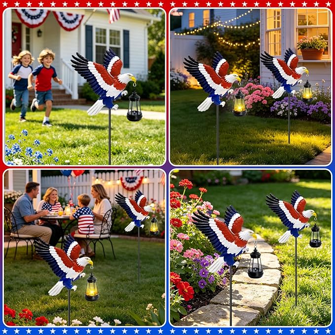 4th of July Independence Day Solar Eagle Garden Lantern Outdoor,Patriotic Bald Eagle Decor Lights,Waterproof Solar Yard Light with LED,American Gifts for Dad Veterans