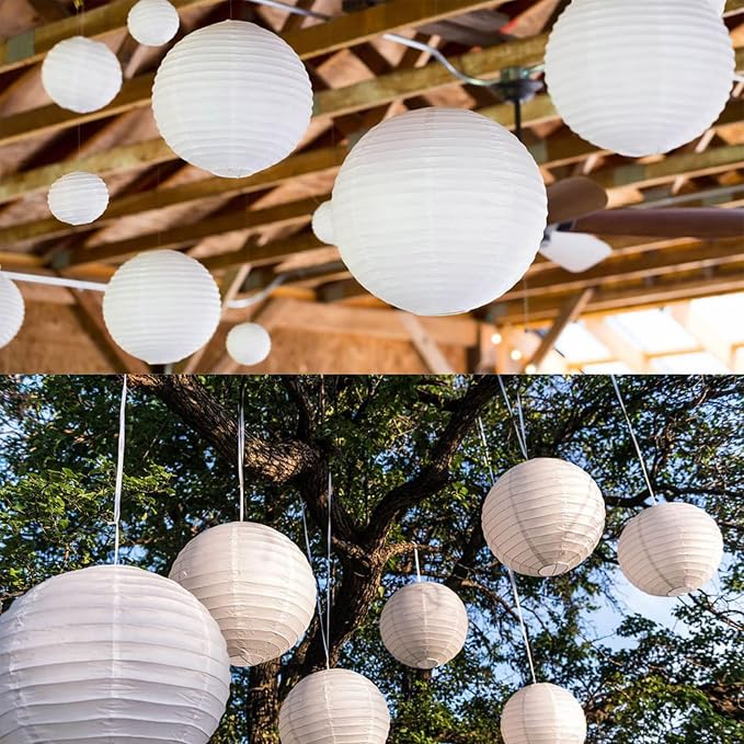 16-Pack White Hanging Paper Lanterns with 16 LED Lights, Reusable Round Chinese Lanterns for Graduation, Wedding, Birthday, Baby Shower & Ceiling Party Decorations