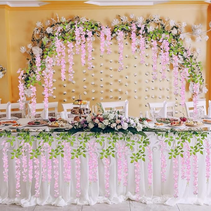 24 Pack Pink Wisteria Hanging Flowers Garland, 3.77 Feet Artificial Flower Vines, Fake Wisteria, Artificial Vines Hanging Garland for Backdrop Outdoor Yard Garden Decor