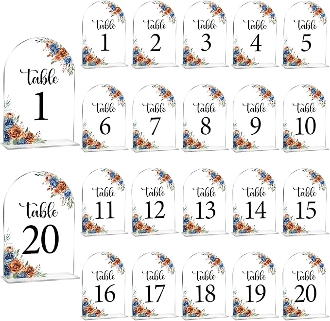 Navy & Burnt Orange Wedding Acrylic Table Number 1-20 with 20Pcs Stands, 5"x7" Floral Elegant Place Card Centerpiece Decorations for Indoor Outdoor Wedding Bridal Shower Anniversary