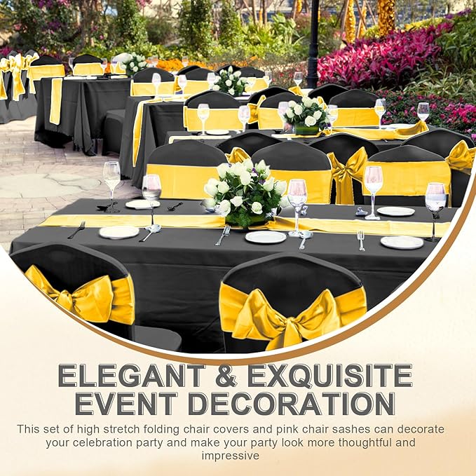 Lounsweer 50 Pcs Folding Chair Cover Set with 25 Stretch Spandex Slipcovers 25 Satin Chair Sashes Bows Ribbon Washable Banquet Protector for Wedding Event Party(Black, Gold)