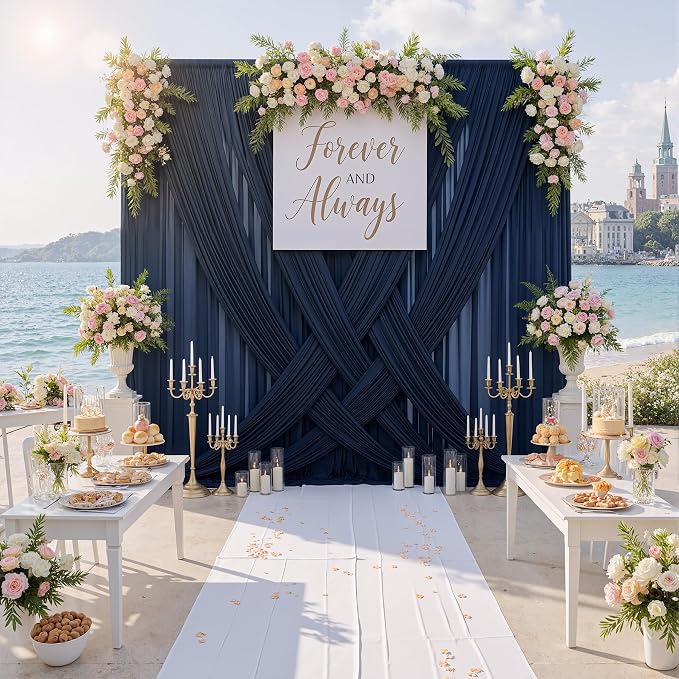 50ftx10ft Wrinkle Free Navy Blue Backdrop Curtains for Party Background, 10 Panels 5x10ft Silky Polyester Photo Backdrop Drapes Back Drop Cloth for Wedding Birthday Photography Baby Shower Decor