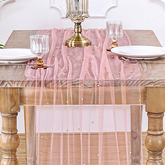 LuoluoHouse Dusty Pink Pearl Table Runner: Tulle 10ft Pearl Tulle Fabric Centerpieces Wedding Lace Tablecover Arch for Bridal Shower Veil Baby Shower Sweetheart Birthday Table Decorations