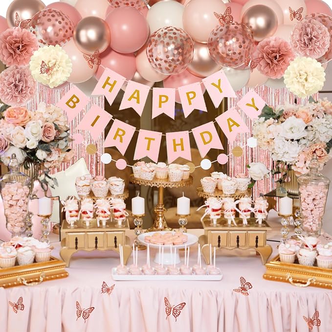 Pink Birthday Party Decorations, Dusty Pink Sand Confetti Rose Gold Balloons Happy Birthday Banner Fringe Curtains Butterfly Hanging Swirls Circle Dots Tassels Pompoms for Women Girls Party Supplies