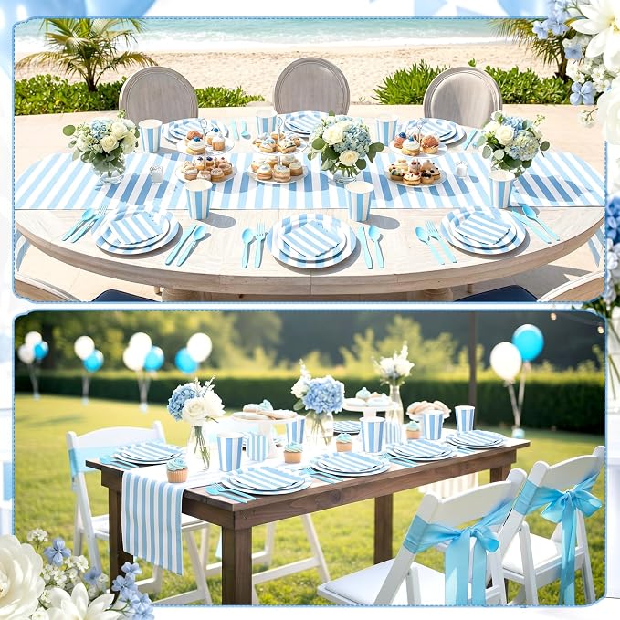 Mimorou 350 Pcs Blue and White Striped Paper Plates and Napkins for 50 Guests, Blue Striped Disposable Tableware Set Plates Cup Napkins Spoon Fork Knife for Baby Shower Birthday Party Supplies
