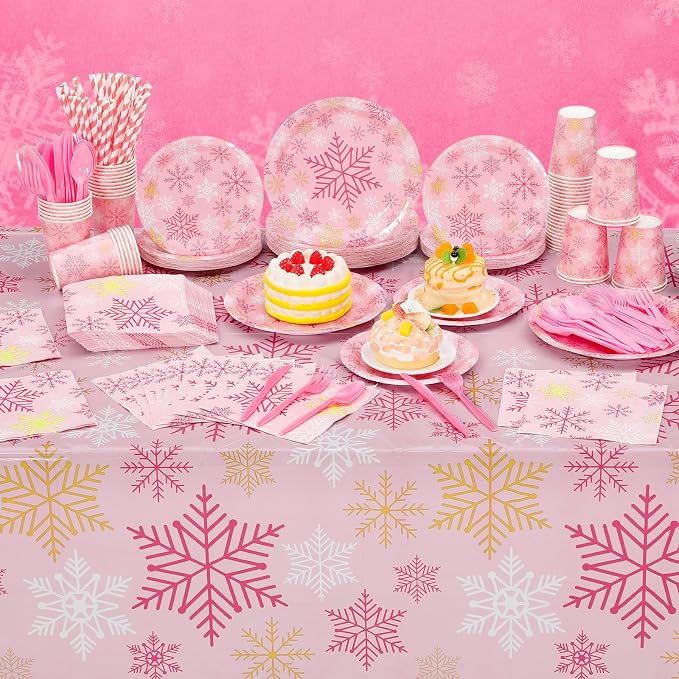 Funnymoom 452 Pcs Pink Snowflake Party Decoration for 50, Pink Gold Winter Snowflake Paper Plates Napkins Cups Tablecloth Cutlery Straws for Winter Baby Shower Wonderland Birthday Supplies