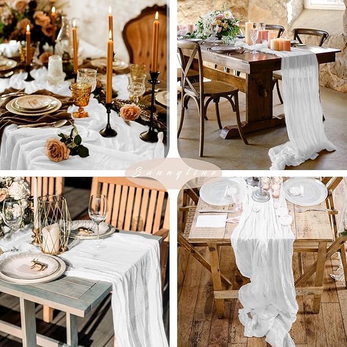12 Pcs White Cheesecloth Table Runner 10FT Runner for Tables Gauze Fabric Boho Cheese Cloth Table Runner Decoration Rustic Semi Sheer Runner for Wedding Birthday Holiday Bridal Shower Party (White)