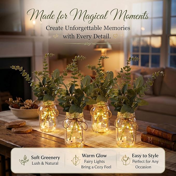 4 Sets Mason Jar Centerpiece with LED Lights and Pink Hydrangea Fake Flowers Vase for Wedding Bridal Shower Party Coffee Table Decor