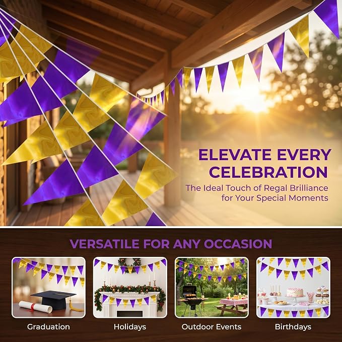 130FT Purple Gold Triangle Pennant Banner Flag Metallic Fabric Bunting Garland for Christmas Graduation Wedding Engagement Anniversary Bachelorette Birthday Bridal Shower Valentines Hen Party Supplies