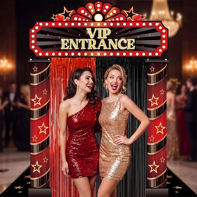 Peryiter 5 Pcs VIP Entrance Movie Night Party Decorations Set, Film Theme Door Banners Red and Black Tinsel Curtains, Double Sided Tape for Movie Night Film Party Supplies