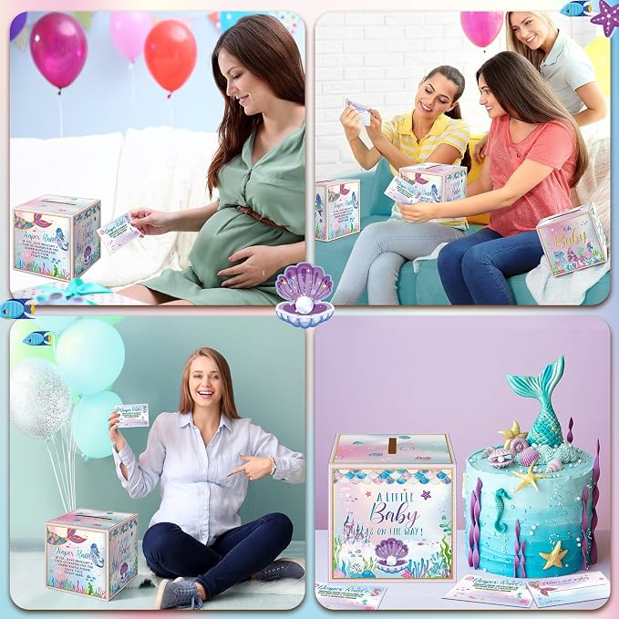 Teling 51 Pieces Diaper Raffle Tickets with Card Box Baby Shower Decorations Baby Shower Holder Box for Girl Boy Diaper Raffle Party(Mermaid)