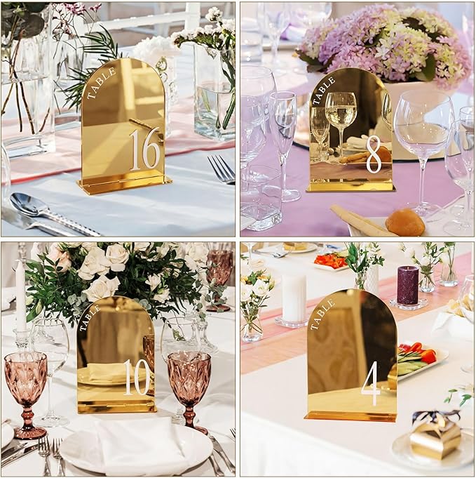 AceOrbit Gold Wedding Table Numbers 1-20 with Stands 5" x 7" Gold Acrylic Wedding Signs with Holder Mirrored Arch Numbered Signage Double Sided Tabletop Reception Sign for Anniversary, Event Decor