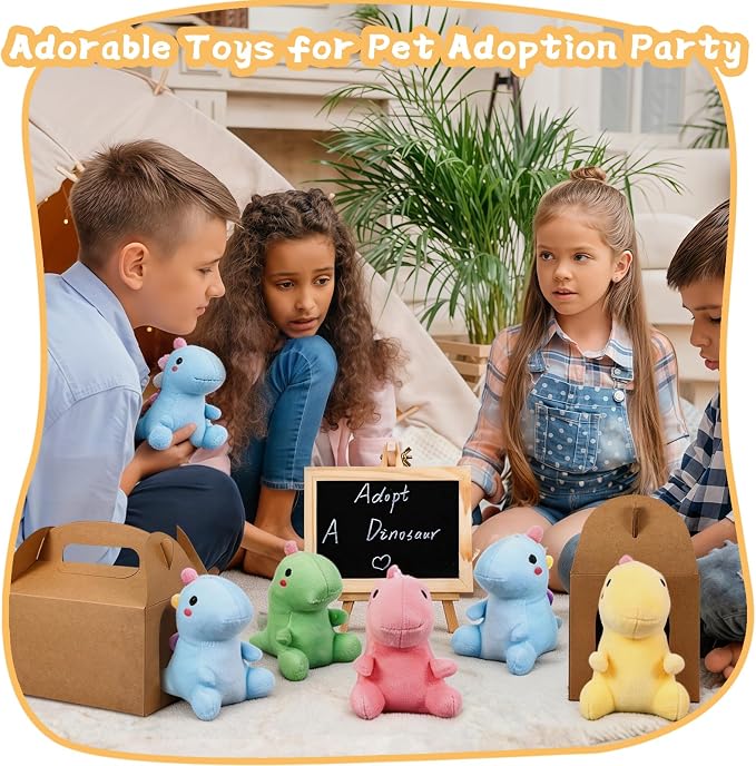 Adopt A Dinosaur Party Favors Mini Plush Stuffed Animals Set with 12 Plush Dinosaur Mini Fence Blackboard Kraft Paper Box for Adopt An Animal Themed Birthday Party