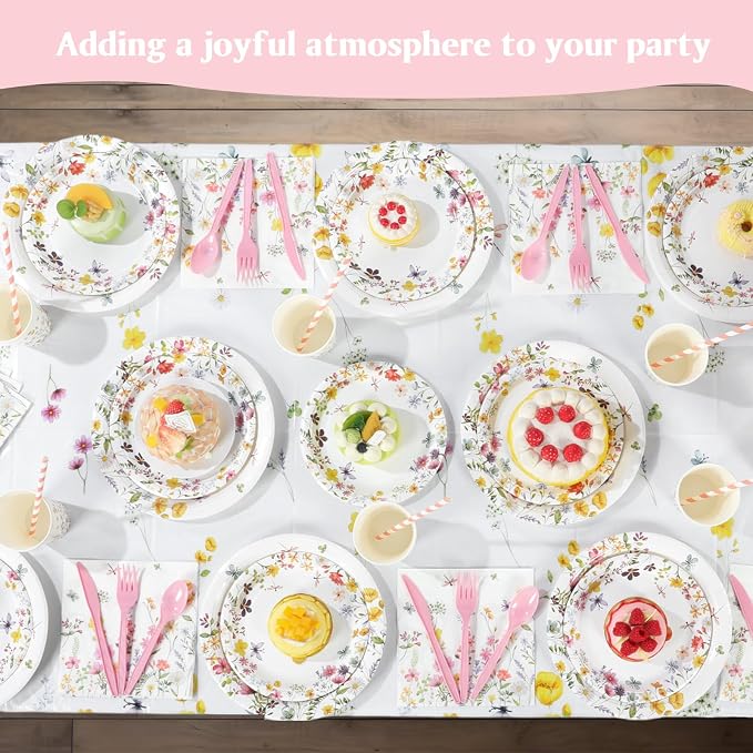 Funnymoom 452 Pcs Wildflower Party Decorations for 50 Guests, Spring Floral Paper Plates Napkins Cups Tablecloth Cutlery Straws for Wildflower Baby Shower Birthday Wedding Party Supplies
