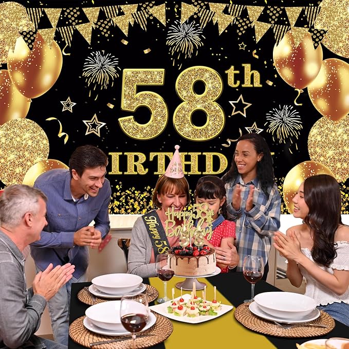 58th Birthday Decorations Men Women with 58th Birthday Banner, Black and Gold Table Cloth, Number Balloons, Large Sash, Cake Topper and Candles