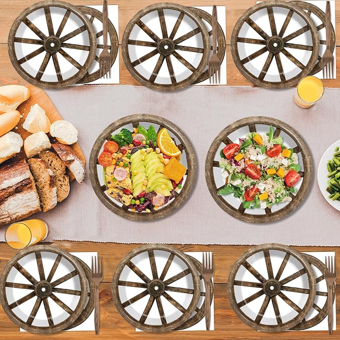 96Pcs Western Cowboy Party Paper Plates and Napkins for Western Party Supplies Wooden Wagon Wheels Themed Paper Dessert Plates Tableware Set for Kids Boys 24 Guests Birthday Party Decoration