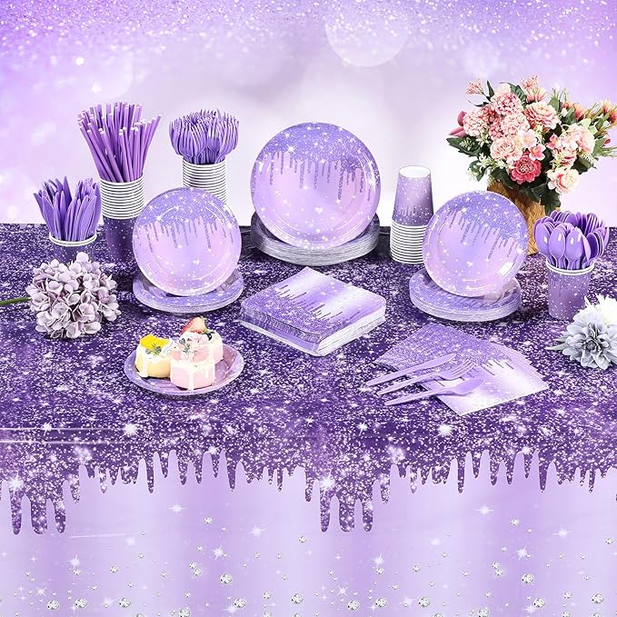 Funnymoom 452 Pcs Purple and Silver Birthday Party Decorations Include Glitter Purple Paper Plates and Napkins Cups Tablecloth Cutlery Straws Disposable Tableware Set for Women Birthday Supplies