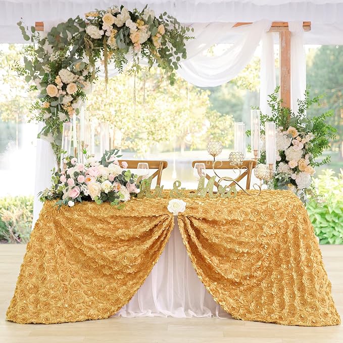 Fanqisi Gold Rosettes Tablecloth 50x80 Inches Gold Satin Table Cover for Party Wedding Baby Shower Event Table Decoration