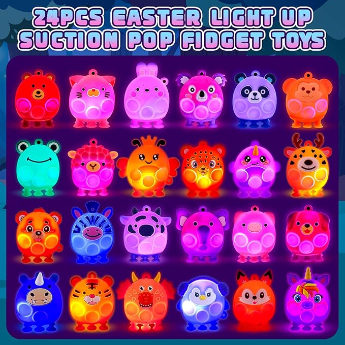 ChildFun Prefilled Easter Eggs with Light Up 3D Animal Pop Toys, 24 Pack Easter Eggs Filled, Easter Basket Stuffers for Toddler Eggs Hunt, Glow in The Dark Easter Egg, Easter Gifts for Kids
