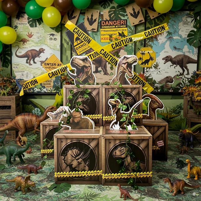 Dinosaur Party Decorations Set β 6 Dino Boxes with 3D Toppers, 4 Signs, 2 Vines, Caution Tape & 40 Footprint Stickers β Dino Birthday Supplies, Baby Shower & Jurassic Room Decor