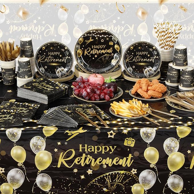 Potchen 452 Pcs Party Supplies Serve 50 Guests, Paper Plates Napkins Cups Cutlery Plastic Tablecloth Dinnerware for Birthday Wedding Party Decoration (Black Gold, Happy Retirement)