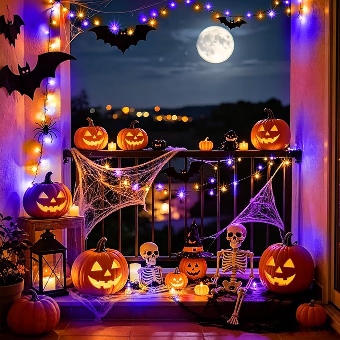 KNONEW Purple and Orange Halloween Lights 60FT 180 LED Indoor Outdoor String Light with 8 Lighting Modes, Timer Memory Function Plug in for Halloween Party Home Garden Roof Decorations