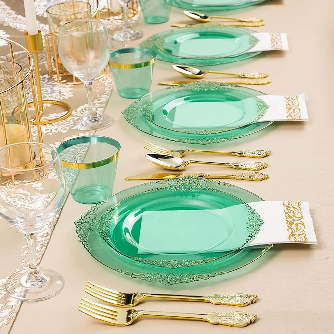 Bestluck 350PCS Clear Green Plastic Plates for 50 Guests, Disposable Plates with Gold Trim include 100 Dinner Plates, 150 Gold Silverware, 50 Cups, 50 Napkins for Party, Wedding and Graduation