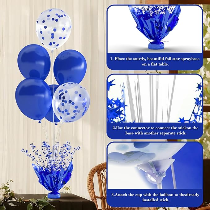6 Set Royal Blue Table Balloons Foil Spray Centerpiece with Royal Blue and Confetti Balloons Stand Kit for Birthday Party Girls Baby Shower Wedding Bridal Shower Prom Graduation Table Decorations