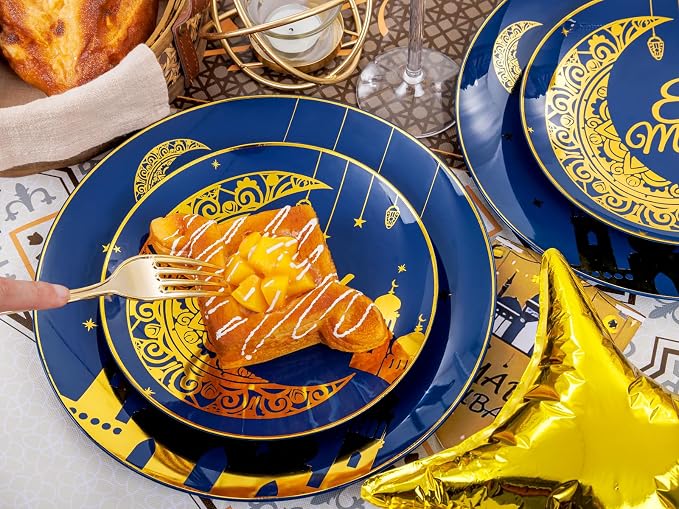 Nervure 125PCS Ramadan Plastic Plates - Eid Mubarak Plates - Blue Gold Plates Include 50 Plates 25 Spoons 25 Forks 25 Knives for Ramadan Mubarak Table Decorations Eid Al-fitr Party Favors