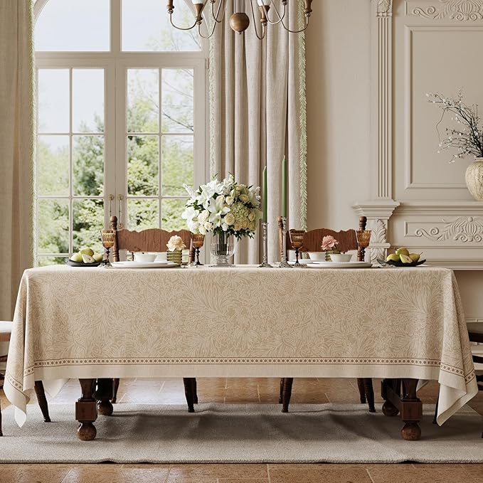 Beige Thick Linen Tablecloth for Rectangle Tables, Waterproof Wipeable Decorative Table Cover for Dining Kitchen Indoor Outdoor, 55" x 71", 4-6 Seats