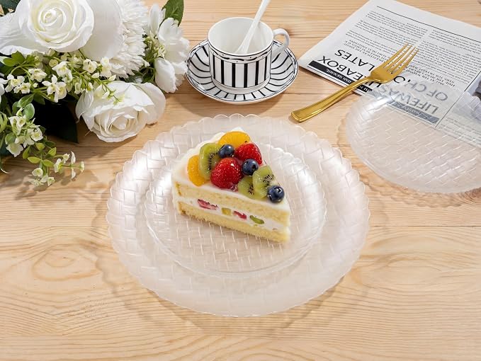 Festiva 60PCS Clear Ivory Plastic Plates - Heavy Duty Weave Pattern Fancy Disposable Plates -serve for 30 guests Include 30PCS 10" & 30PCS 7" Plates for Bithday &Easter Party(Ivory)