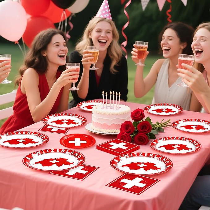 Grencian 96Pcs Switzerland Party Supplies Swiss Flag Plates and Napkins Disposable Switzerland Paper Plates Swiss National Day Decorations Tableware Kit for Football Events Travel, Cultural