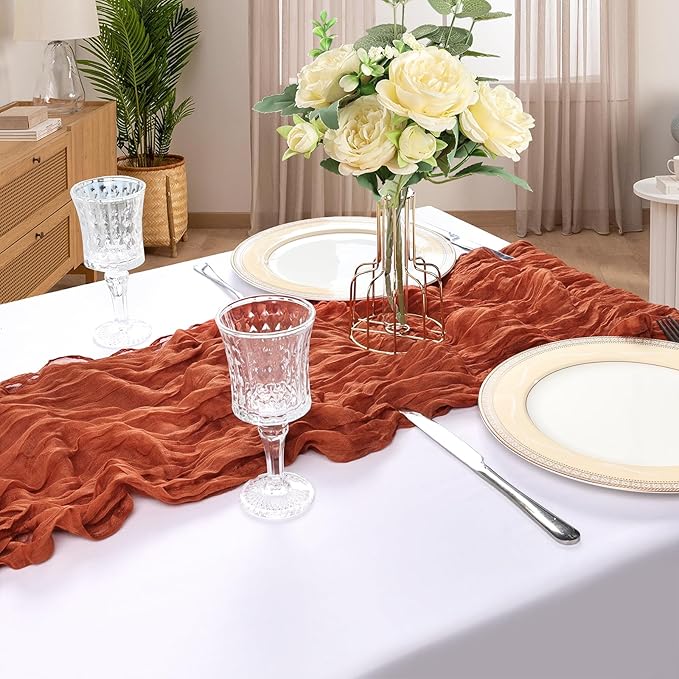 12 Pack 10FT Terracotta Cheesecloth Table Runner 120 Inch Long Gauze Rustic Boho Spring Cheese Cloth Table Runner Sheer Fabric Decorations for Holiday Party Wedding Banquet Bridal Baby Shower Décor