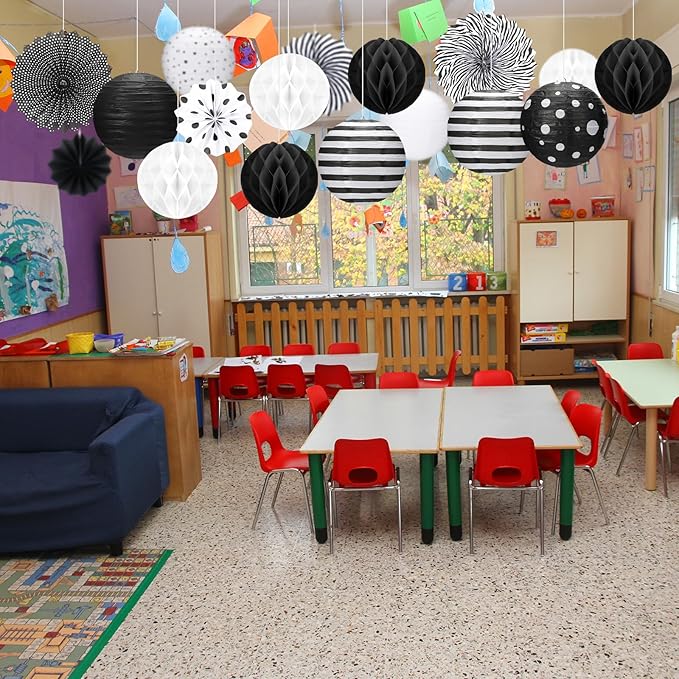 Retisee 18 Pcs Black and White Party Classroom Decoration Hanging Black White Paper Lanterns Paper Fans Honeycomb Balls Polka Dots Stripe Lanterns Decorative for School Classroom Decoration Supplies